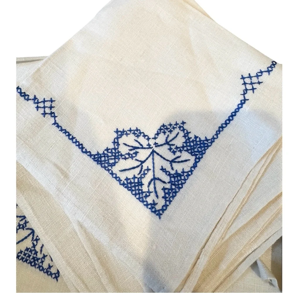 Antique Linen Tablecloth Embroidered White Blue With Napkins Handmade